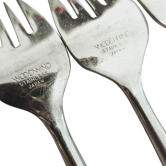 4 Woodwind Salad Fork 5" wood-like handle vtg midcentury boho minimalist mixed m - Picture 4 of 9